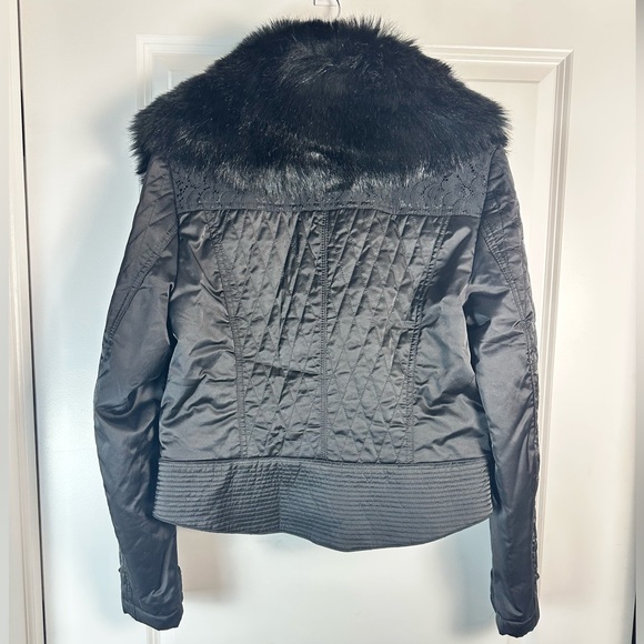 White House Black Market Black Quilted Bomber Jacket with Faux Fur Collar - Picture 13 of 14